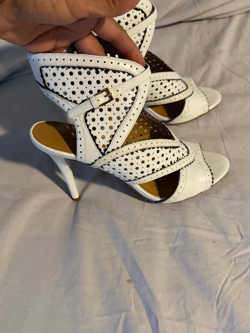 Nine West White Perforated Strappy Stiletto Sandals
